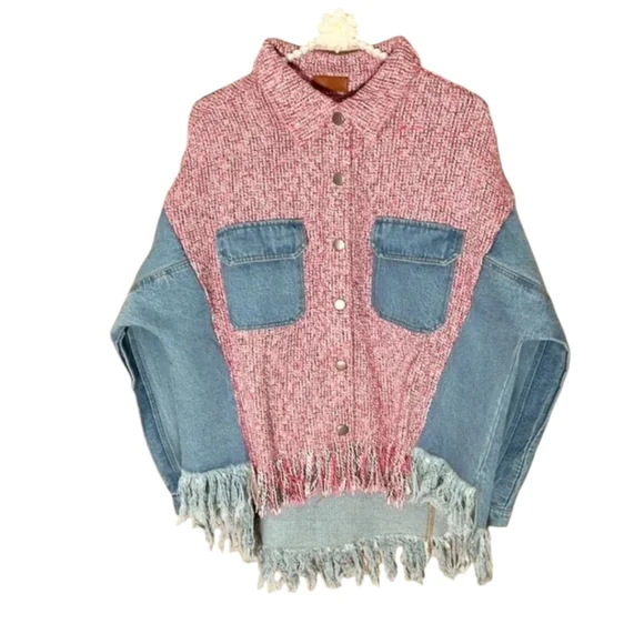 Umgee Tweed Jacket Pink/ Blue Denim Fringe Hem Cotton Hippie Festival Sz M - Picture 4 of 11